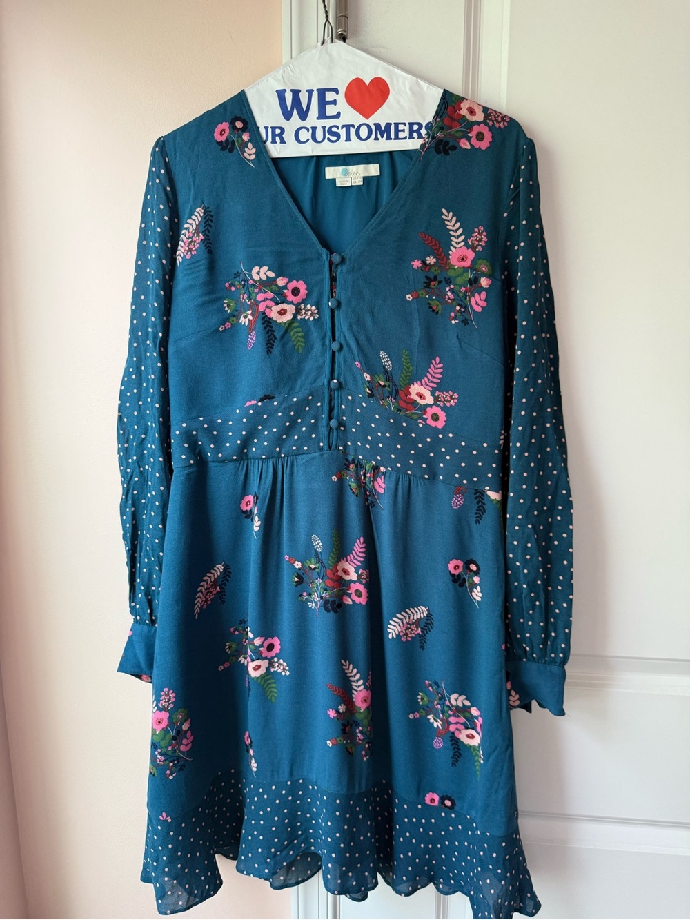 Boden Teal Floral Button-Front Long-Sleeve Mini Dress with Pink Accents - Picture 2 of 8